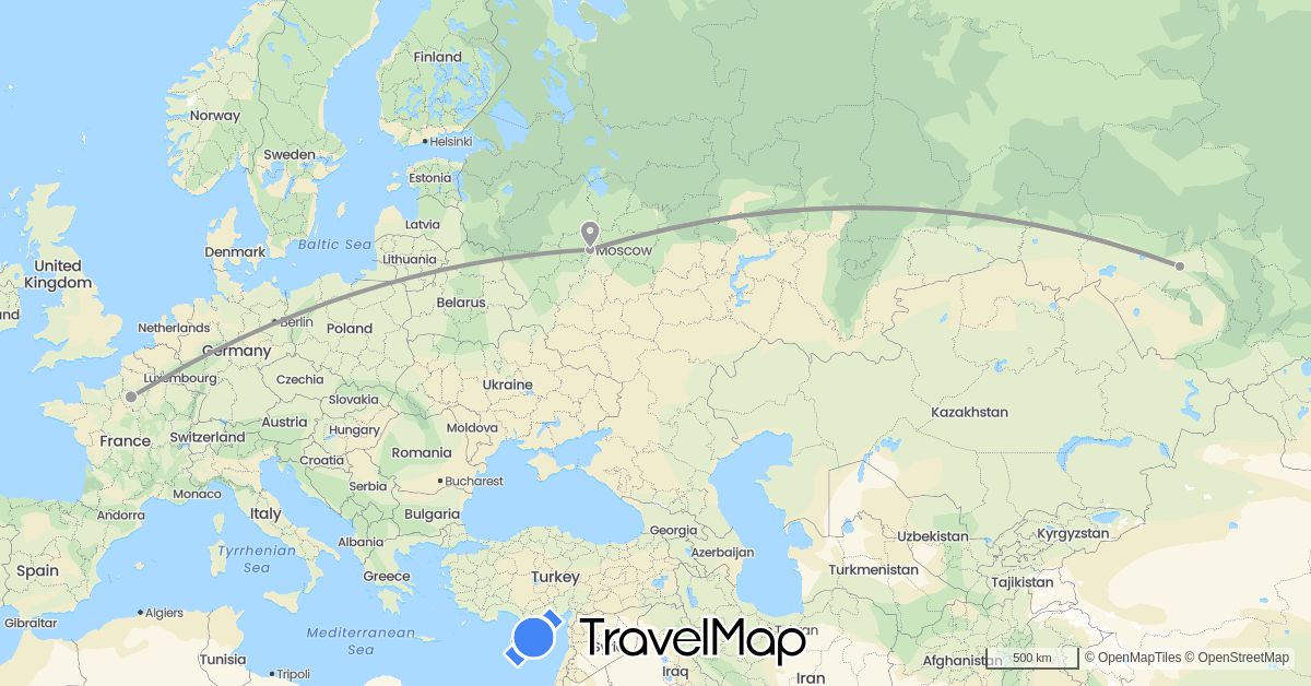 TravelMap itinerary: driving, plane in France, Russia (Europe)