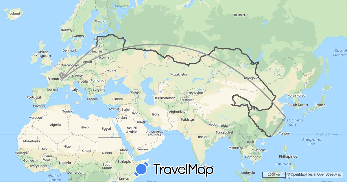 TravelMap itinerary: driving, plane, motorbike in Afghanistan, Switzerland, China, Estonia, Kazakhstan, Latvia, Mongolia, Russia (Asia, Europe)