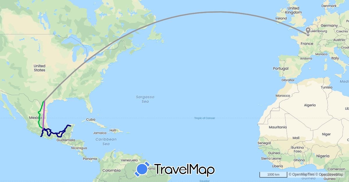 TravelMap itinerary: driving, bus, plane, train in France, Mexico, United States (Europe, North America)