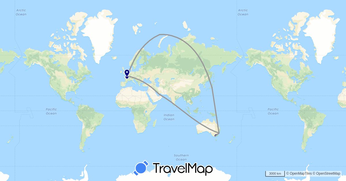 TravelMap itinerary: driving, plane, train in United Arab Emirates, Australia, France, Japan (Asia, Europe, Oceania)